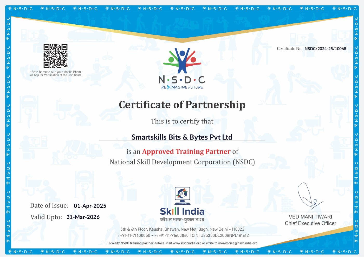 NSDC Certificate of Partnership issued to Smartskills Bits & Bytes Pvt Ltd